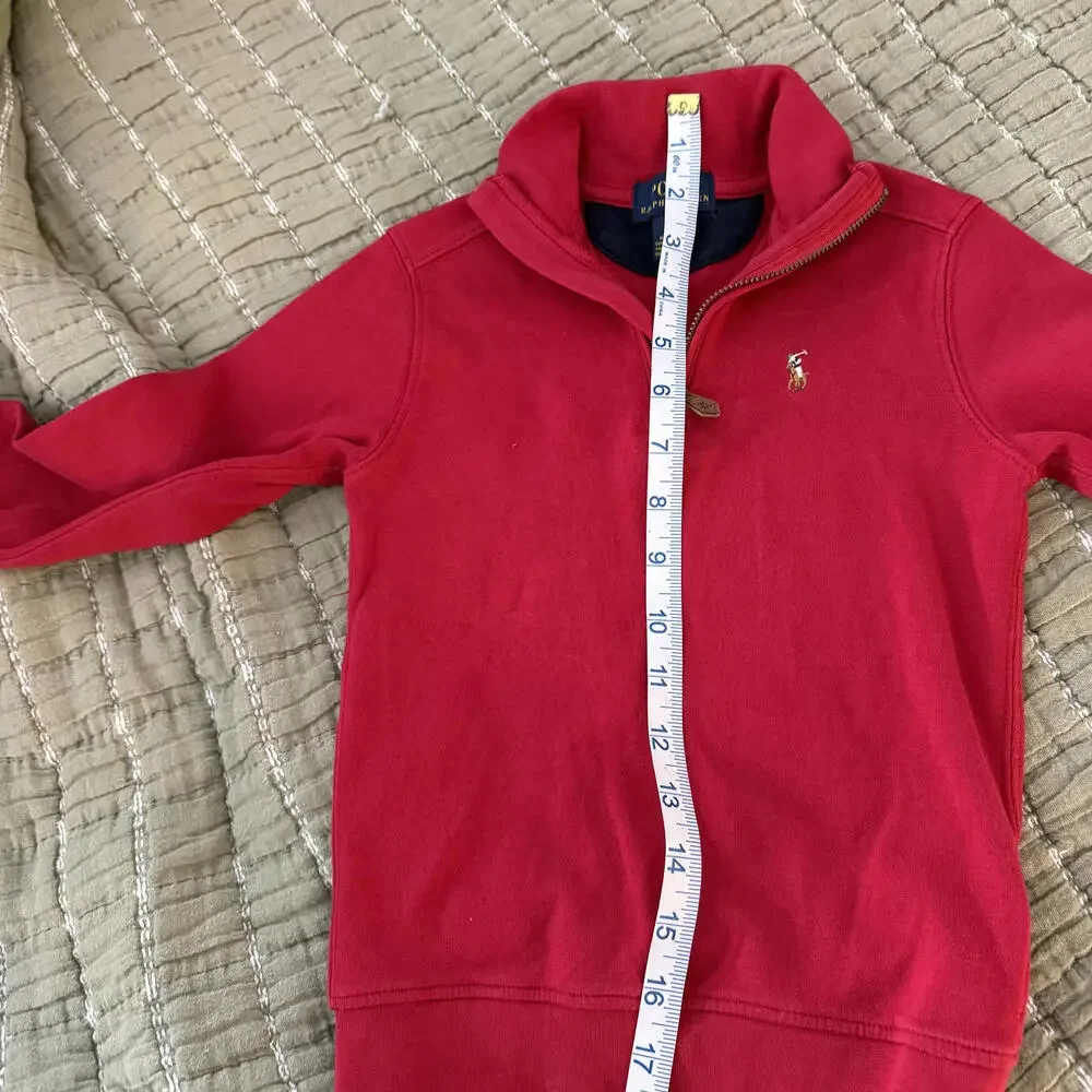 POLO RALPH LAUREN Boys Red Cotton Quarter Zip Leather‎ pull SZ 5 Luxury Preppy